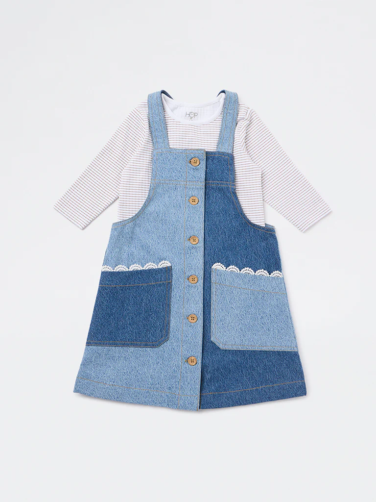 HOP Baby Girls Blue Denim Pinafore and T-Shirt Set - Image 2