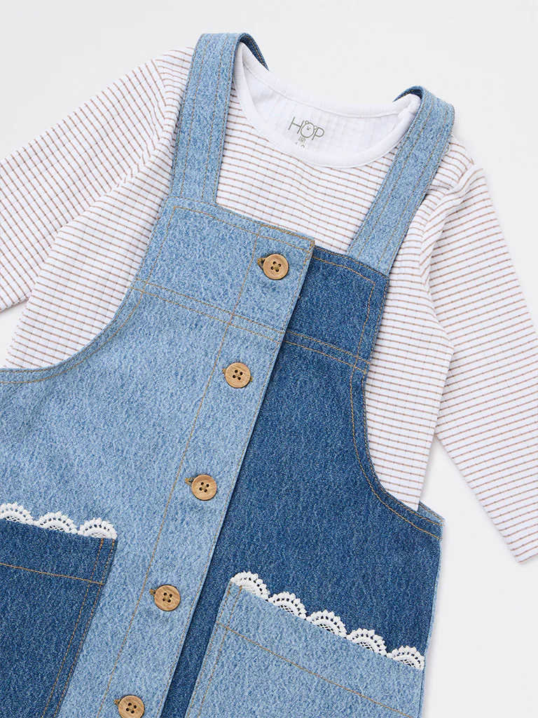 HOP Baby Girls Blue Denim Pinafore and T-Shirt Set - Image 4
