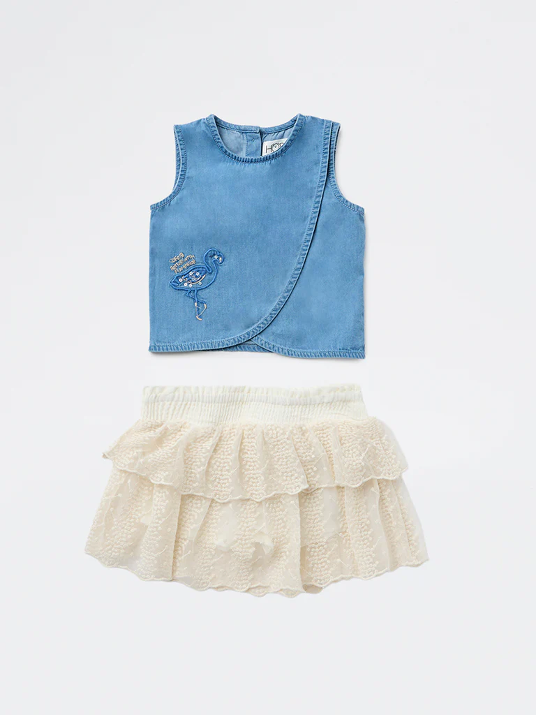 HOP Baby Girls Blue Embroidered Cotton Top and Skirt Set