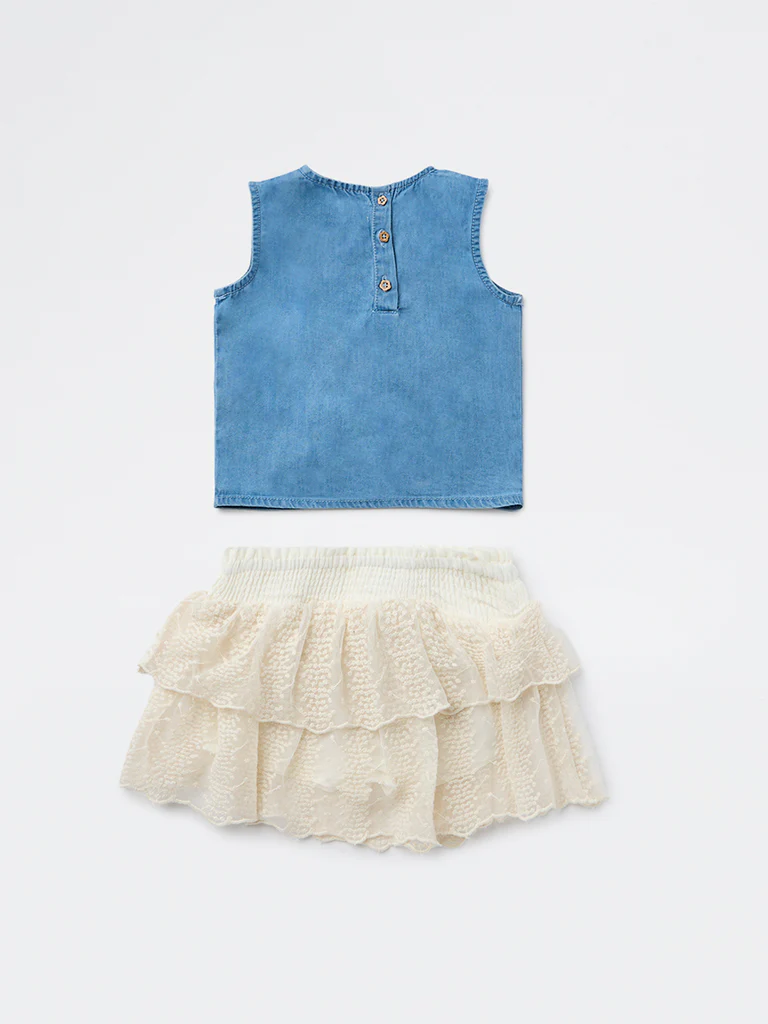 HOP Baby Girls Blue Embroidered Cotton Top and Skirt Set - Image 2