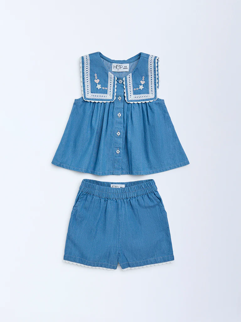 HOP Baby Girls Blue Embroidered Denim Top and Shorts Set - Image 2