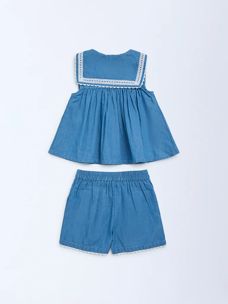 HOP Baby Girls Blue Embroidered Denim Top and Shorts Set - Image 3