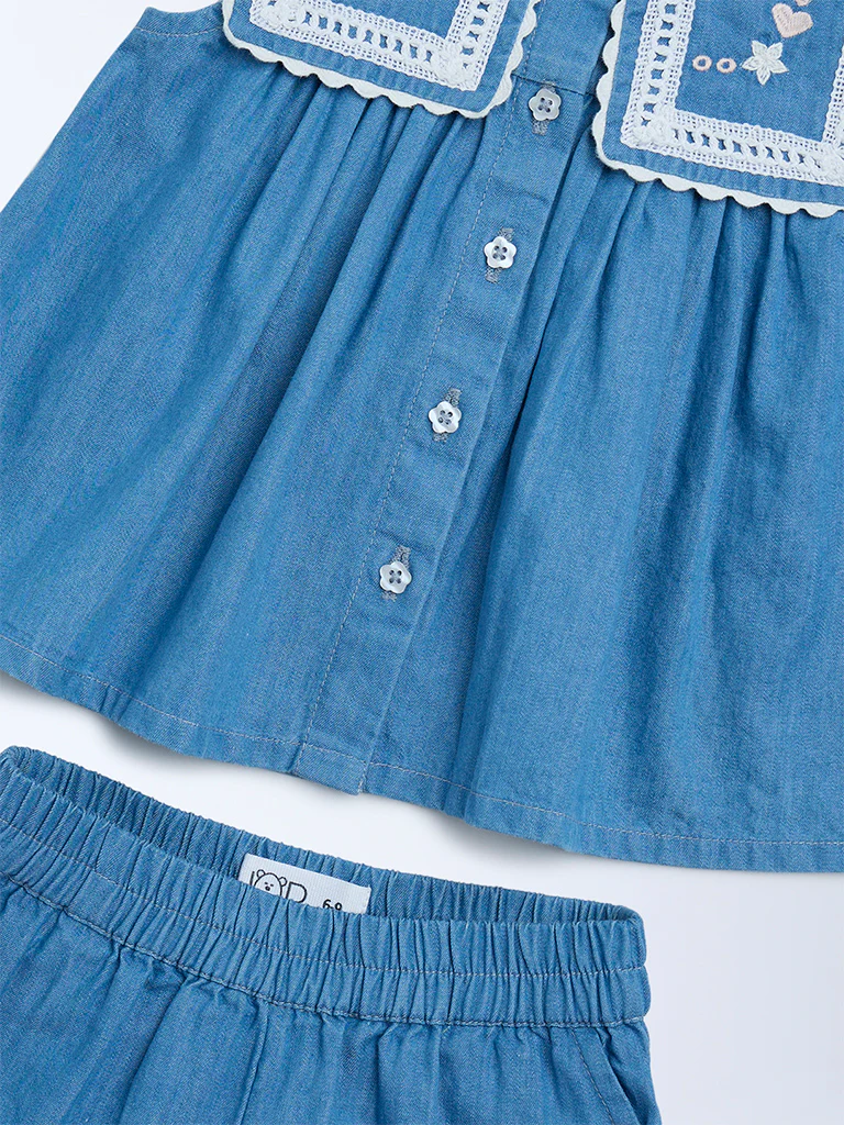 HOP Baby Girls Blue Embroidered Denim Top and Shorts Set - Image 4