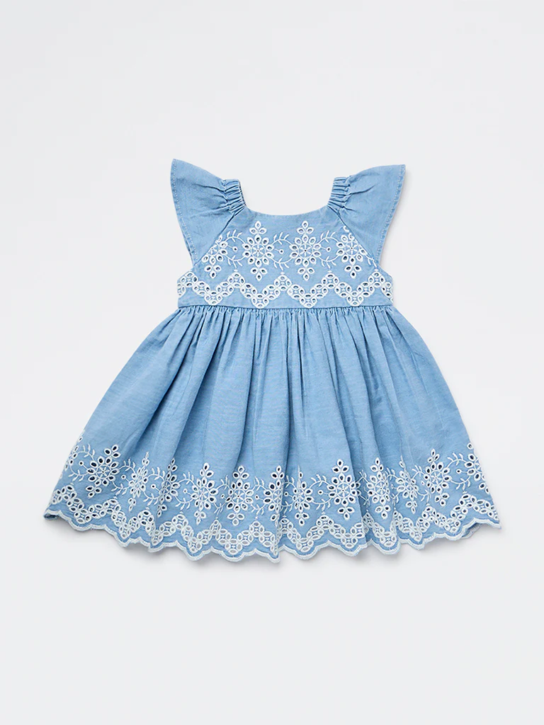 HOP Baby Girls Blue Embroidered Fit-and-Flare Denim Dress - Image 2