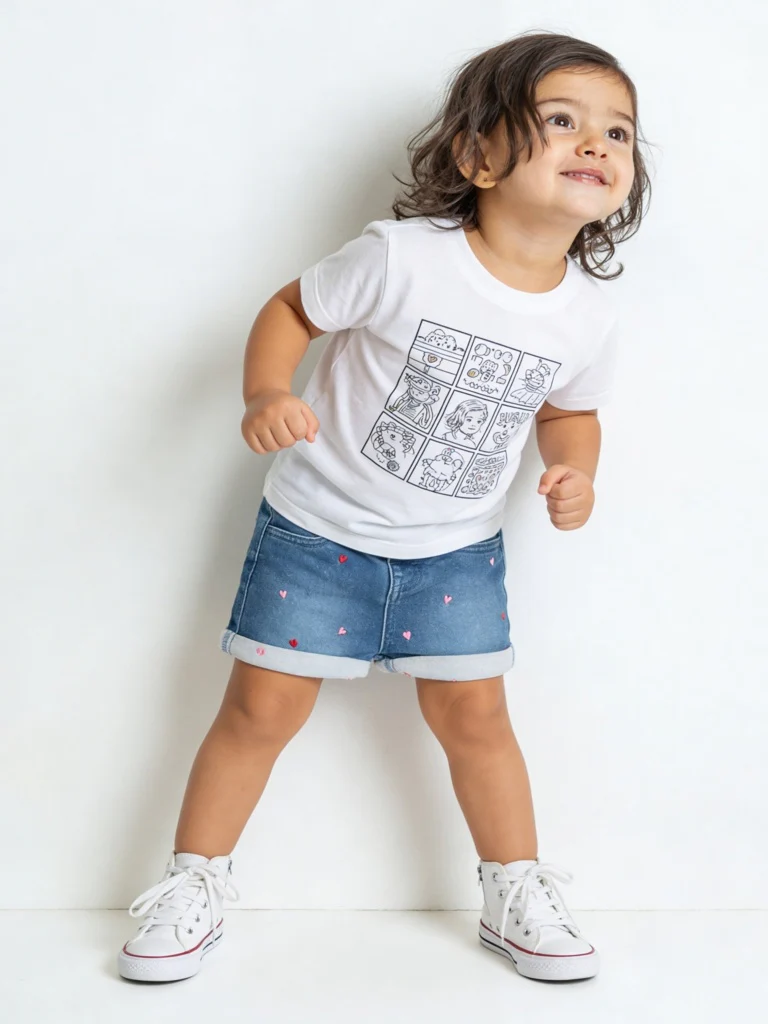 HOP Baby Girls Blue Embroidered High-Rise Denim Shorts