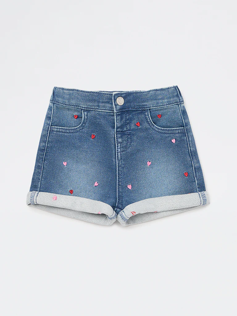 HOP Baby Girls Blue Embroidered High-Rise Denim Shorts - Image 2