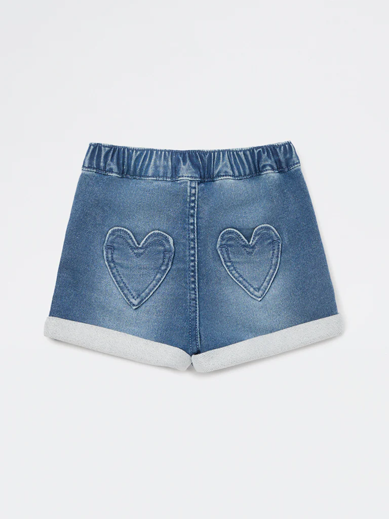 HOP Baby Girls Blue Embroidered High-Rise Denim Shorts - Image 3