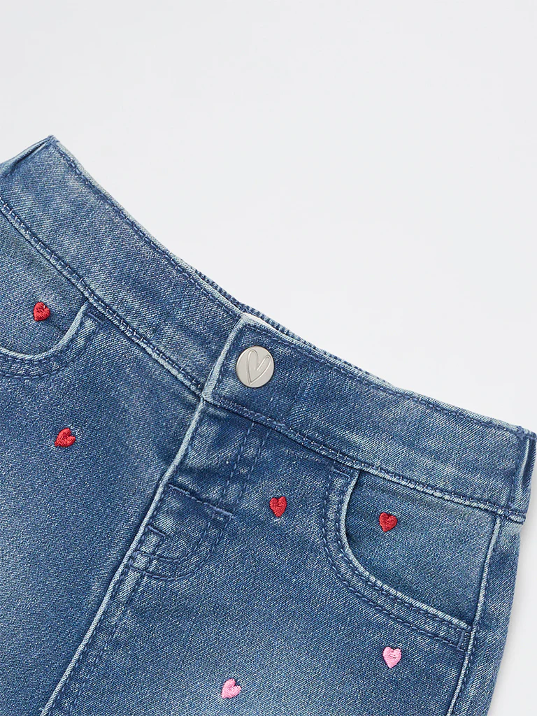 HOP Baby Girls Blue Embroidered High-Rise Denim Shorts - Image 4