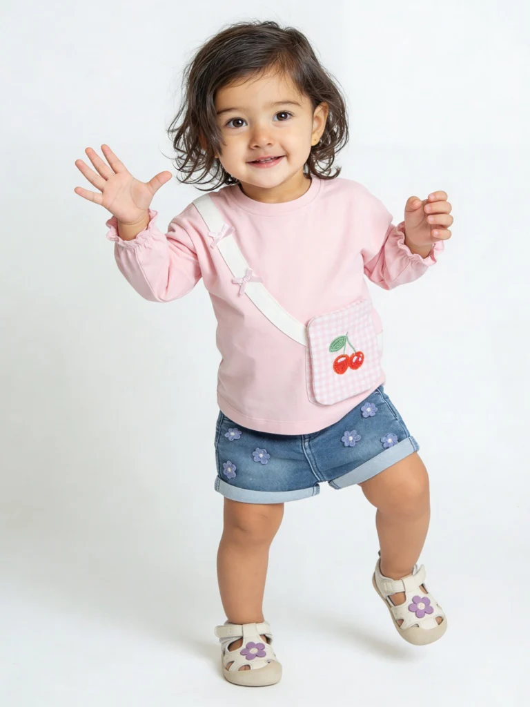 HOP Baby Girls Blue Floral Applique High-Rise Denim Shorts