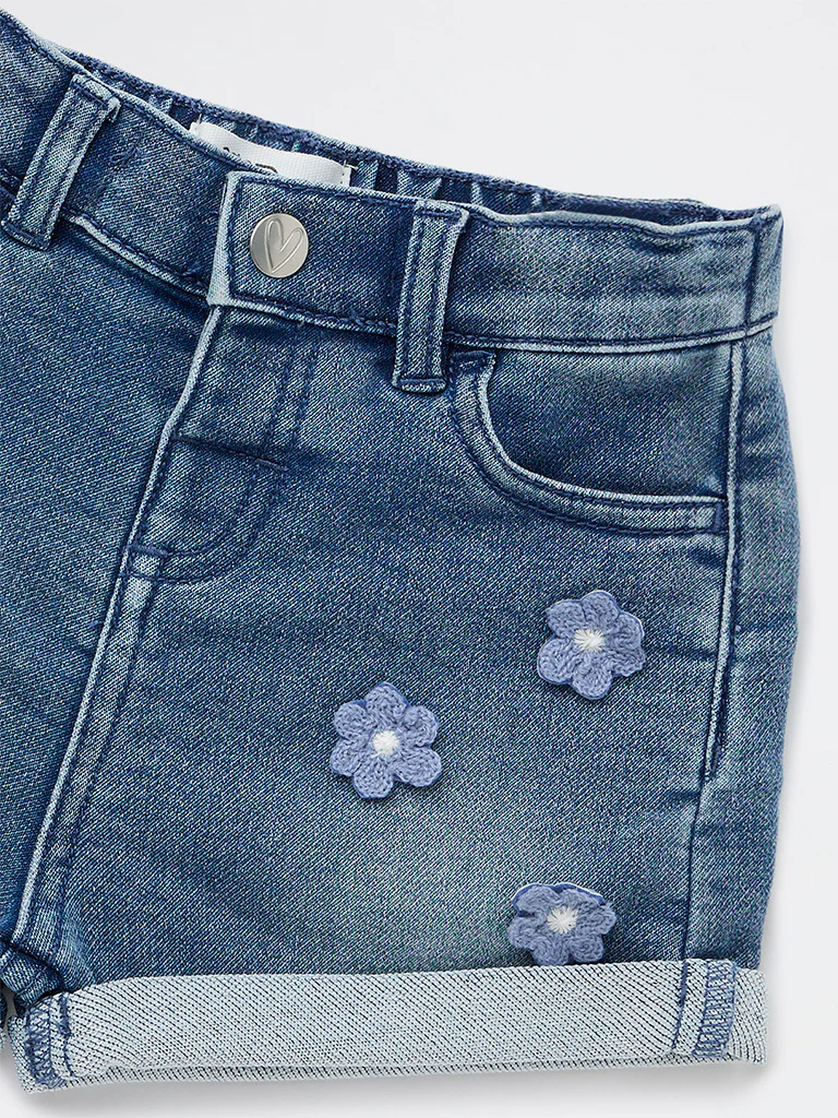 HOP Baby Girls Blue Floral Applique High-Rise Denim Shorts - Image 4