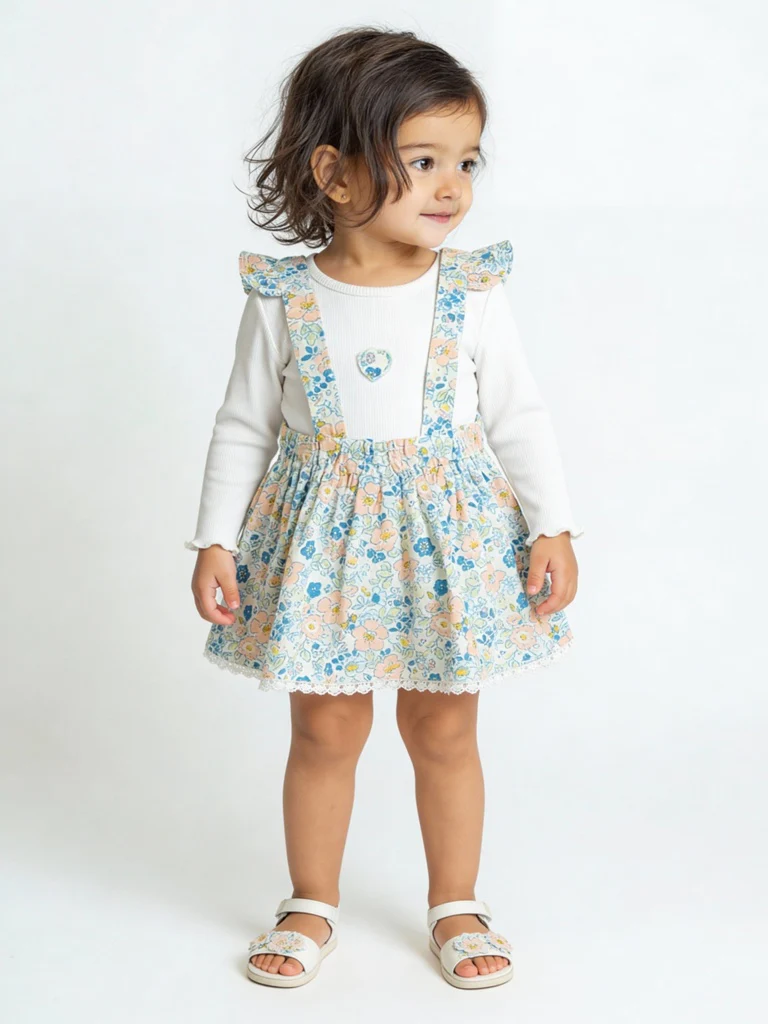HOP Baby Girls Blue Floral Cotton-Blend Pinafore with T-Shirt Set