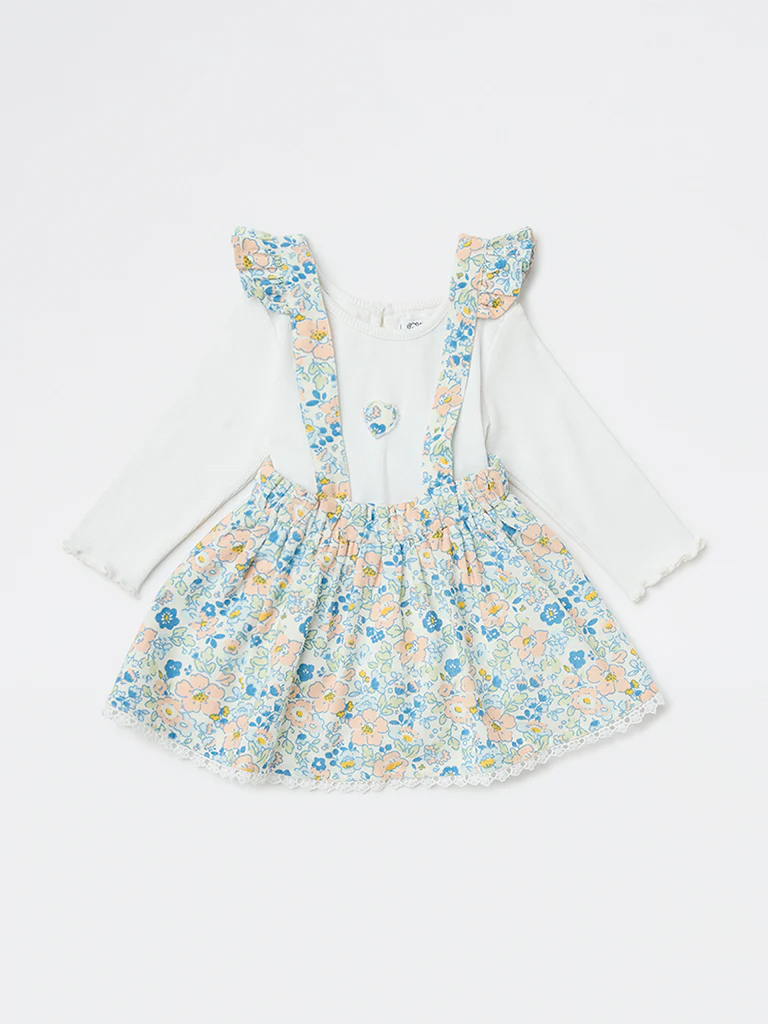 HOP Baby Girls Blue Floral Cotton-Blend Pinafore with T-Shirt Set - Image 2