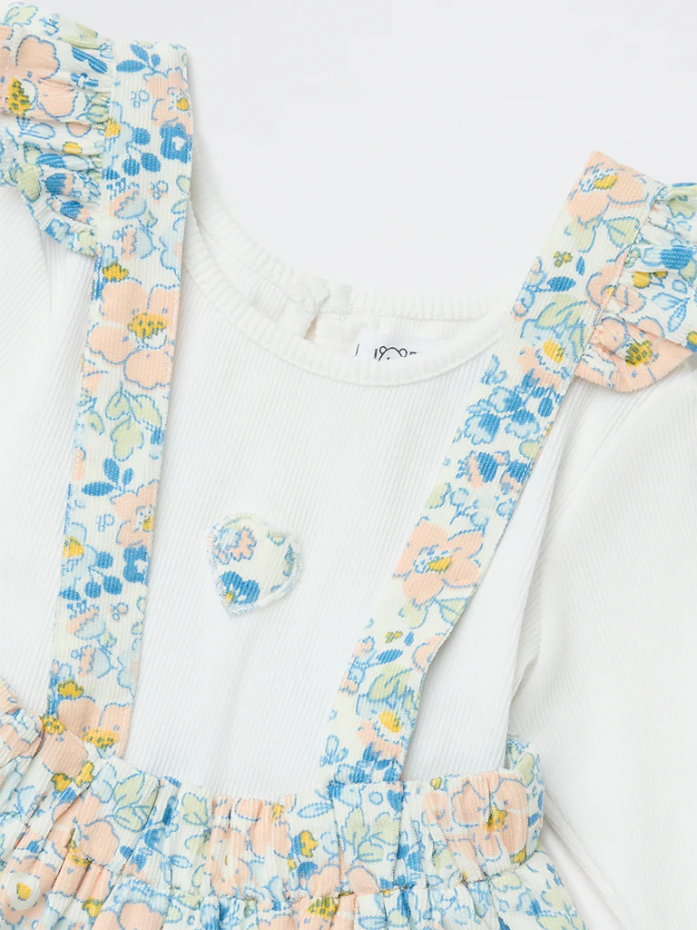 HOP Baby Girls Blue Floral Cotton-Blend Pinafore with T-Shirt Set - Image 4