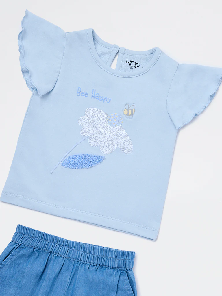 HOP Baby Girls Blue Floral Cotton T-Shirt and Shorts Set - Image 4