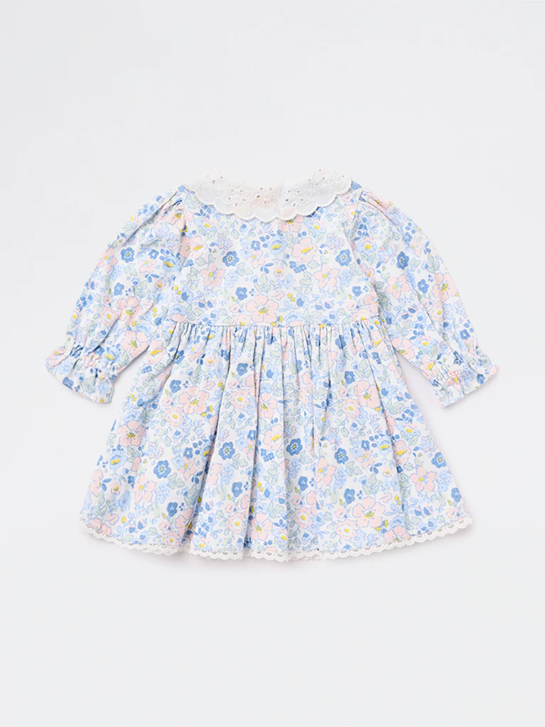 HOP Baby Girls Blue Floral Design Fit-and-Flare Cotton Dress - Image 3