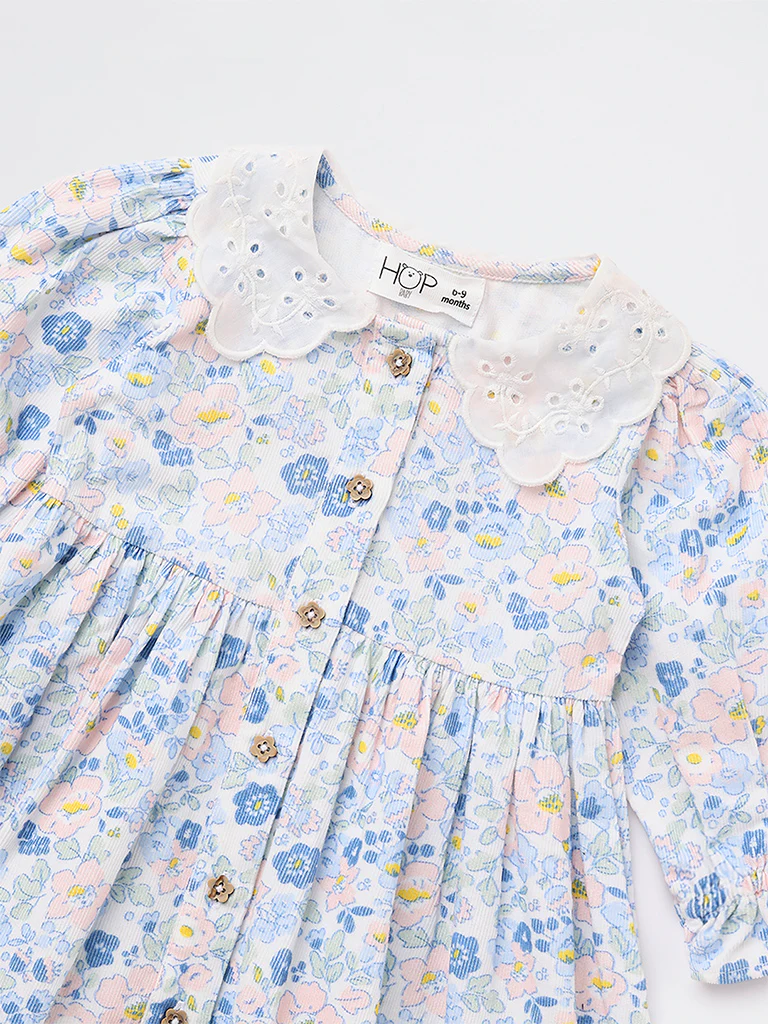 HOP Baby Girls Blue Floral Design Fit-and-Flare Cotton Dress - Image 4