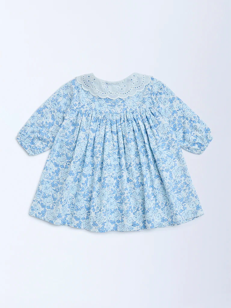 HOP Baby Girls Blue Floral Detailed Cotton A-Line Dress - Image 3