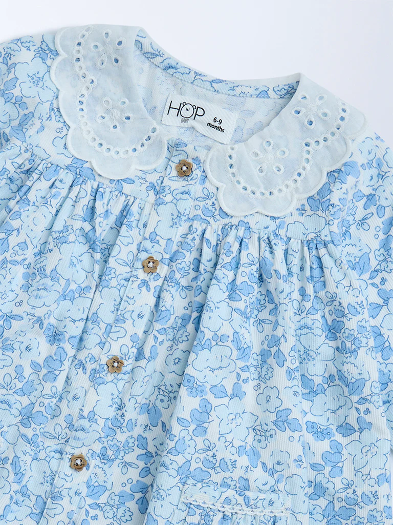 HOP Baby Girls Blue Floral Detailed Cotton A-Line Dress - Image 4