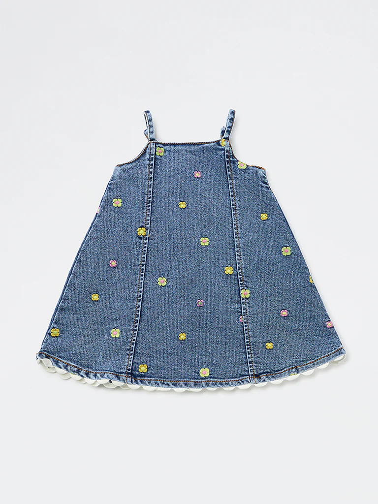 HOP Baby Girls Blue Floral Embroidered Denim Dress