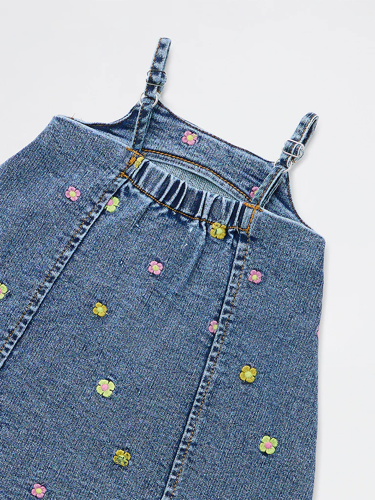 HOP Baby Girls Blue Floral Embroidered Denim Dress - Image 3