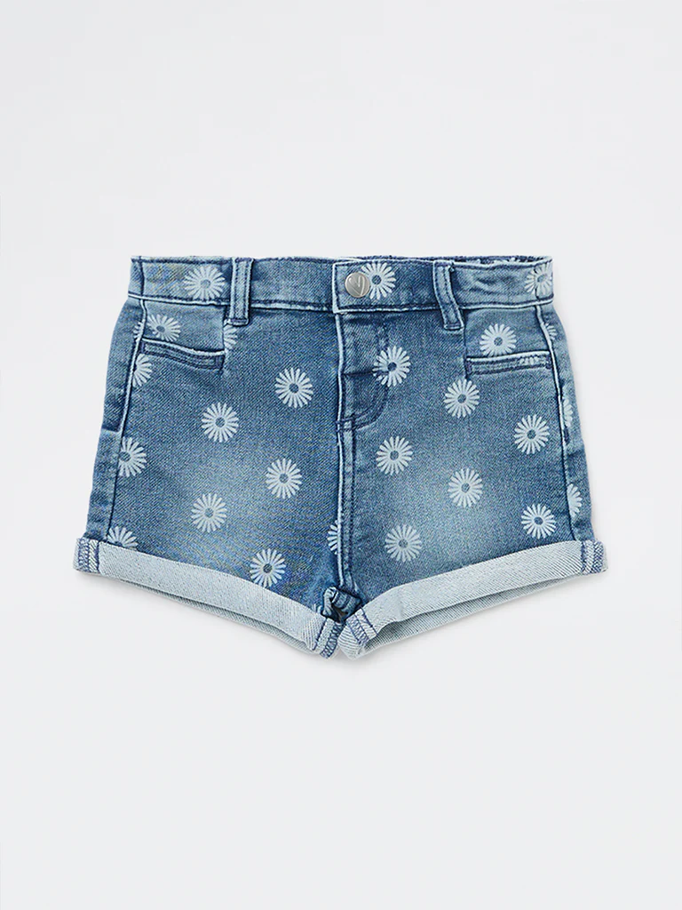 HOP Baby Girls Blue Floral High-Rise Denim Shorts - Image 2