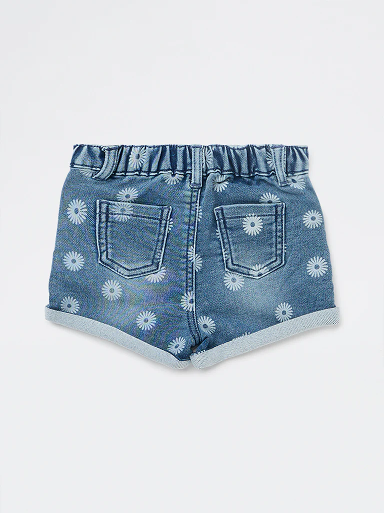 HOP Baby Girls Blue Floral High-Rise Denim Shorts - Image 3