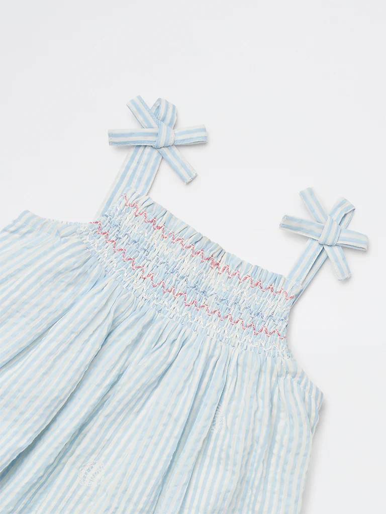 HOP Baby Girls Blue Seersucker Striped A-Line Cotton Dress - Image 4