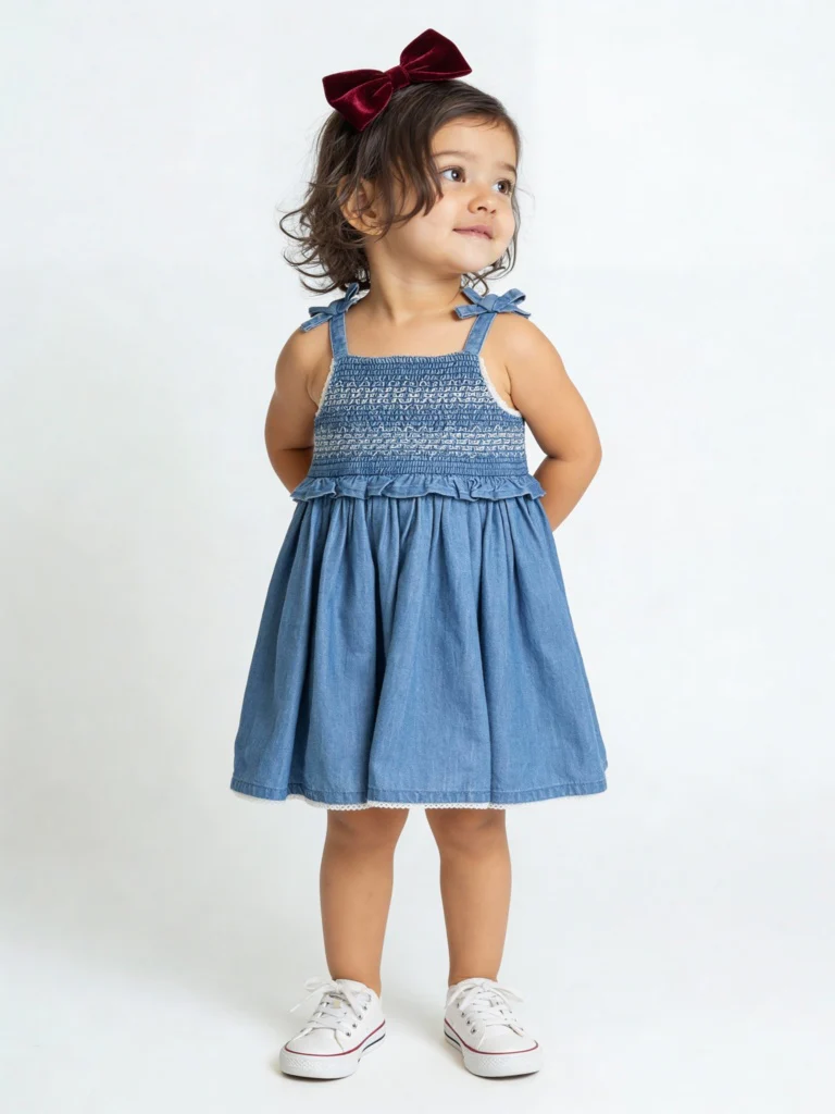 HOP Baby Girls Blue Smocked A-Line Cotton Dress