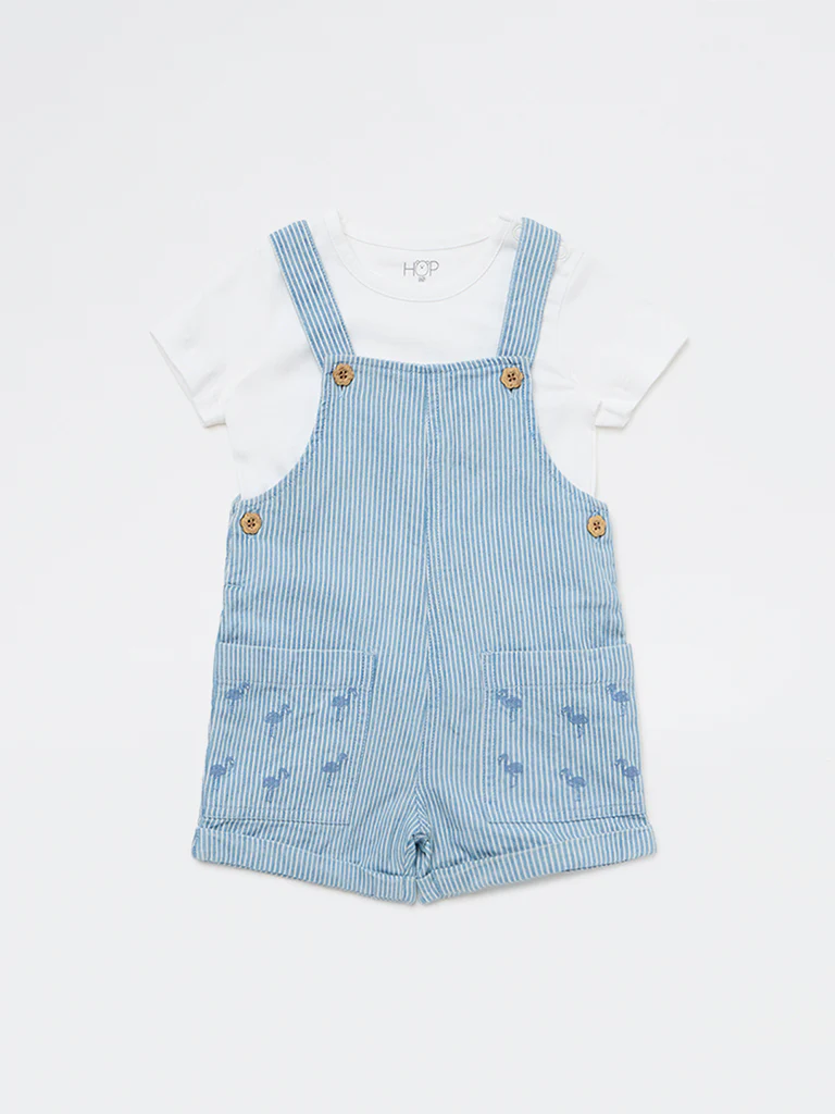 HOP Baby Girls Blue Striped Cotton Dungaree with T-Shirt Set