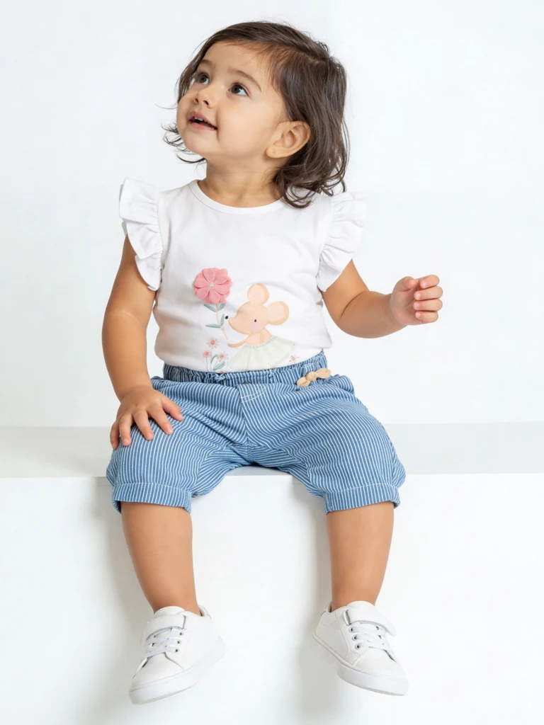 HOP Baby Girls Blue Striped Mid-Rise Cotton Pants