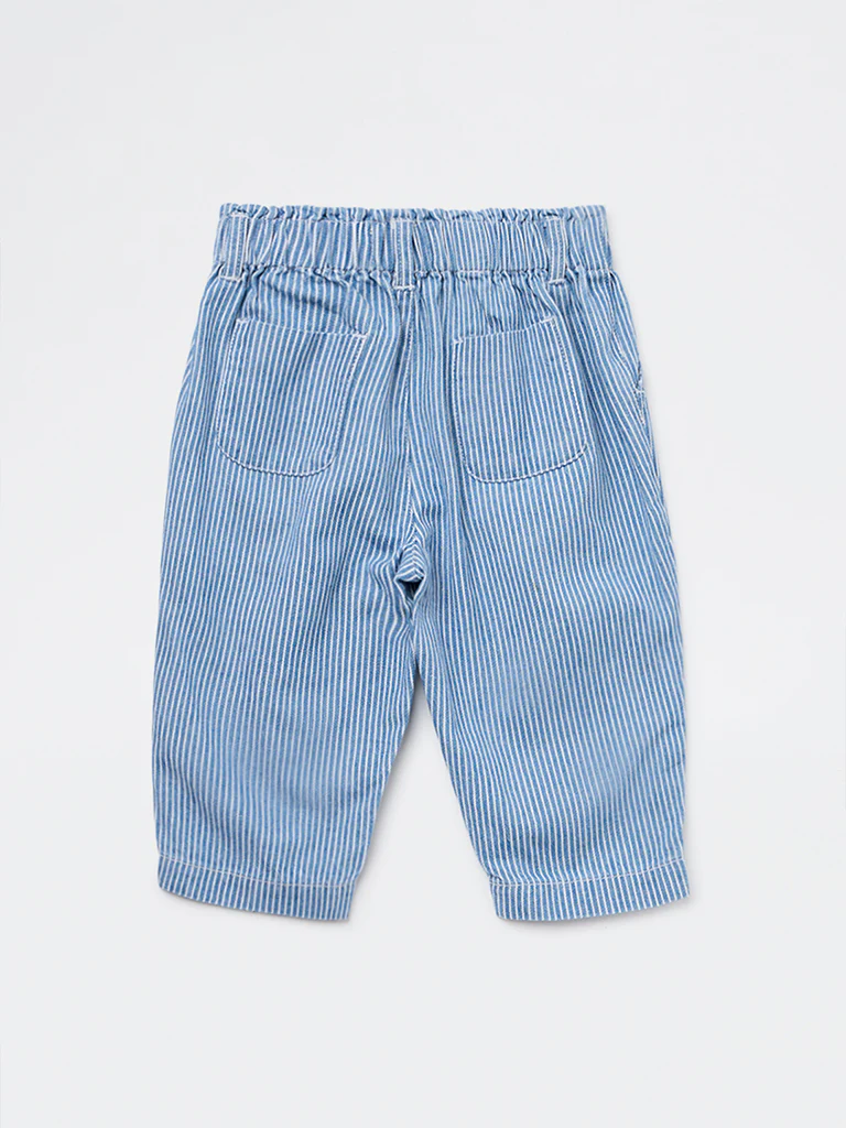 HOP Baby Girls Blue Striped Mid-Rise Cotton Pants - Image 3