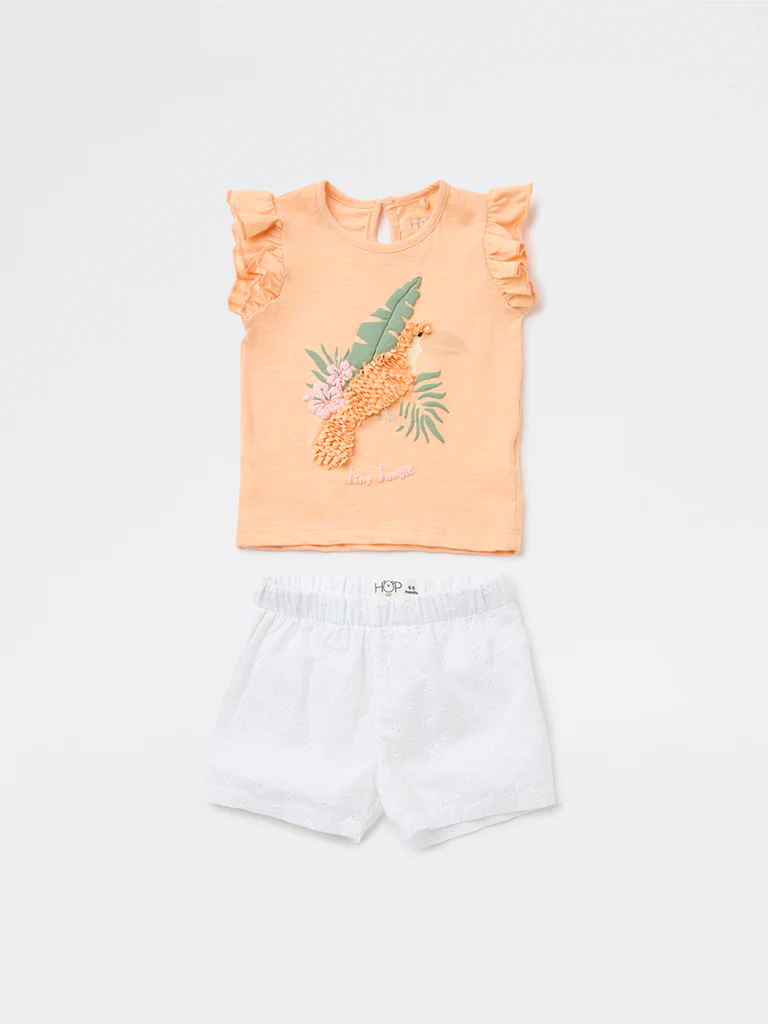 HOP Baby Girls Coral Cotton T-Shirt and Shorts Set - Image 2