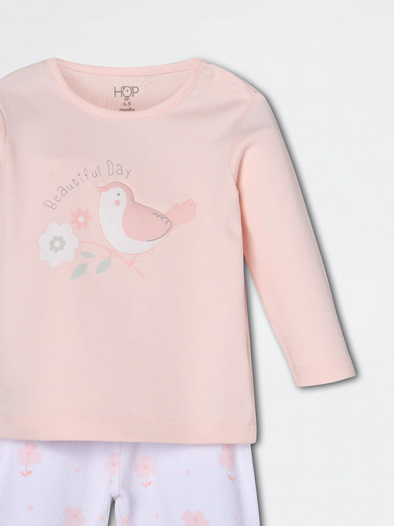 HOP Baby Girls Coral Printed Cotton-Blend T-Shirt and Pants Set - Exclusive - Image 4