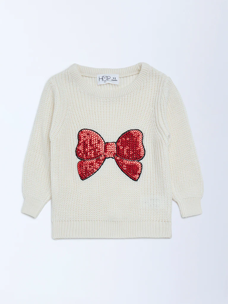 HOP Baby Girls Cream Embellished Knitted Sweater - Image 2