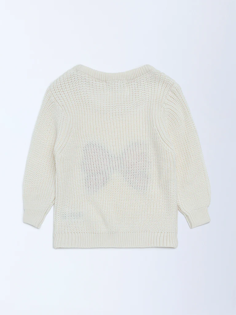HOP Baby Girls Cream Embellished Knitted Sweater - Image 3
