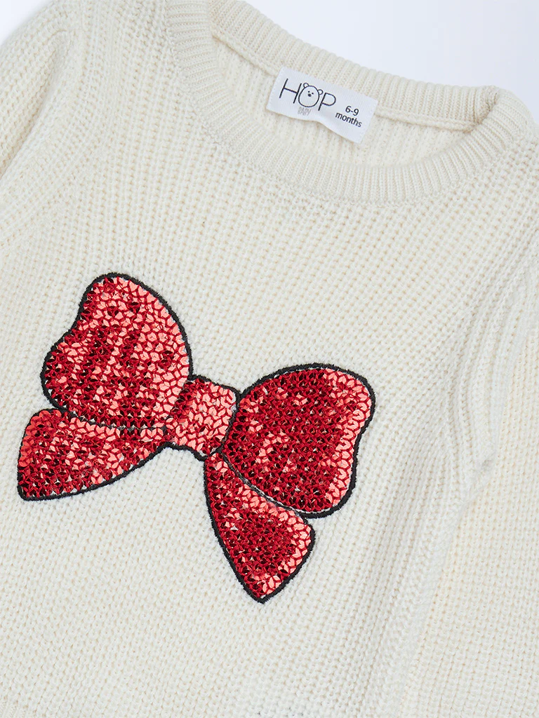 HOP Baby Girls Cream Embellished Knitted Sweater - Image 4