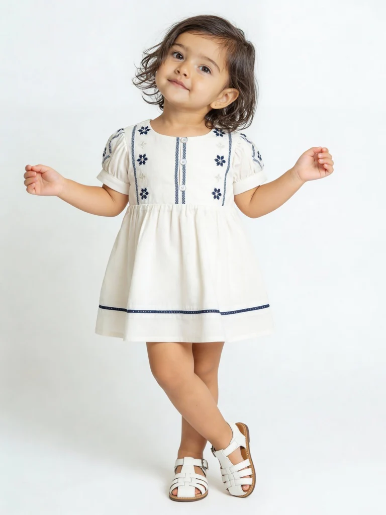 HOP Baby Girls Cream Embroidered Cotton A-Line Dress