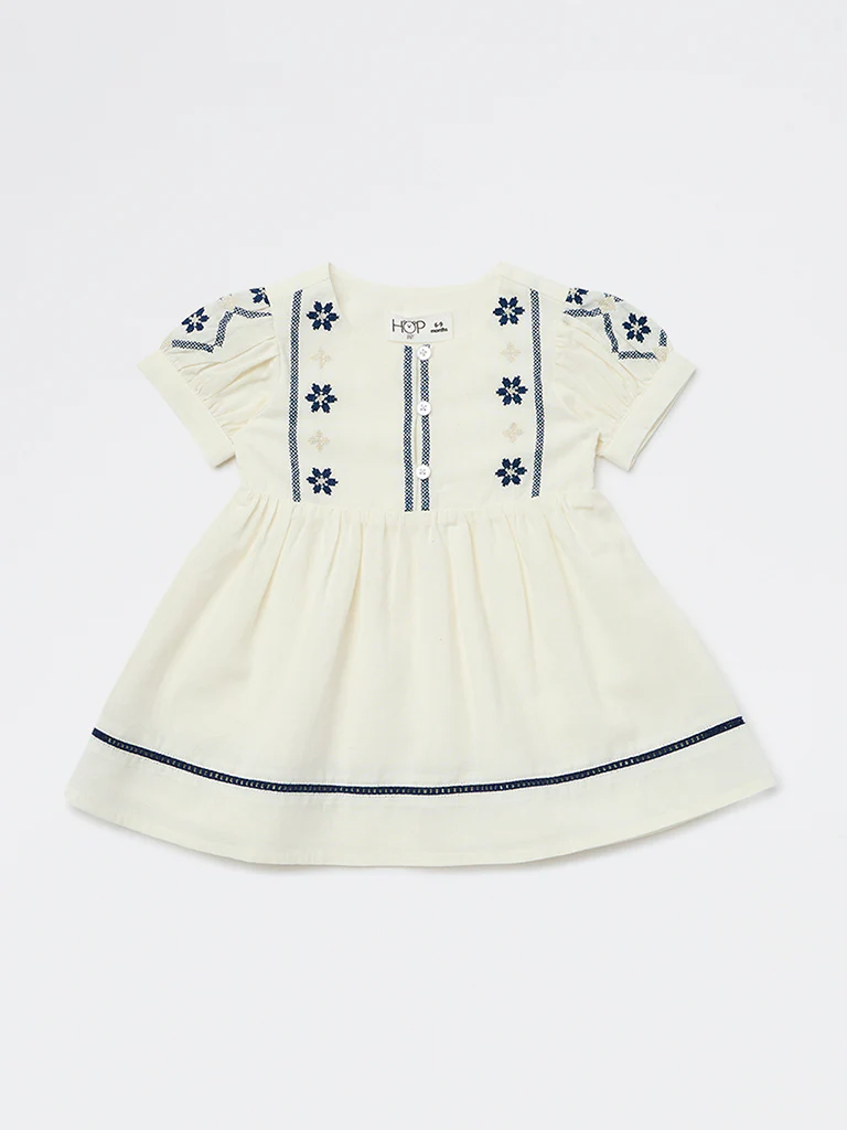 HOP Baby Girls Cream Embroidered Cotton A-Line Dress - Image 2