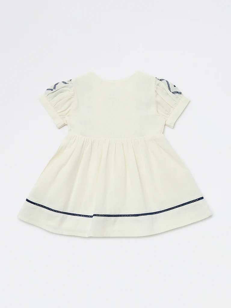 HOP Baby Girls Cream Embroidered Cotton A-Line Dress - Image 3