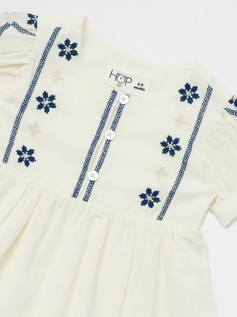 HOP Baby Girls Cream Embroidered Cotton A-Line Dress - Image 4