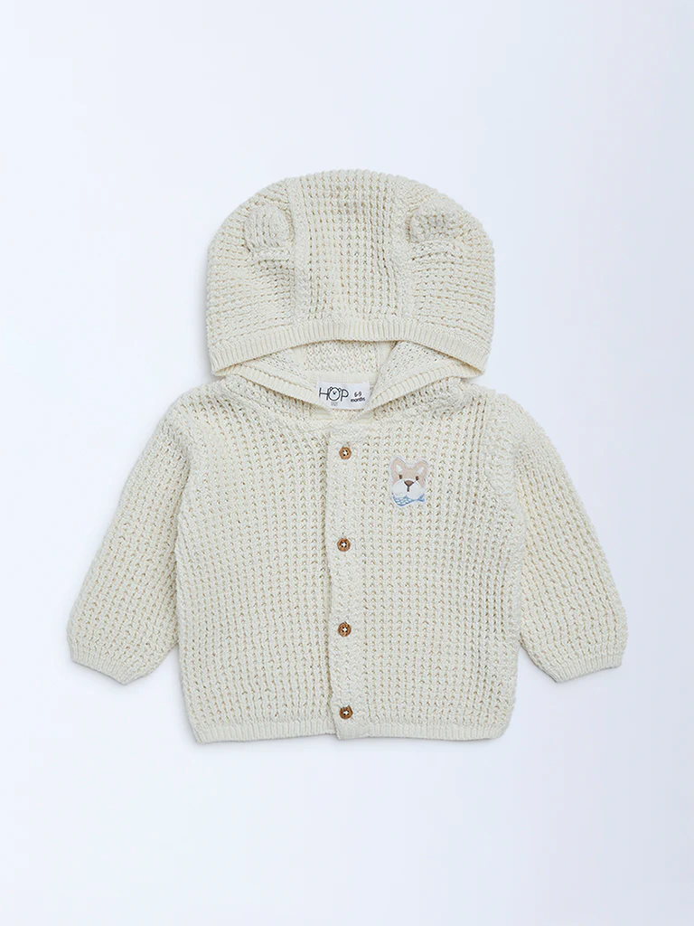 HOP Baby Girls Cream Knit-Textured Hooded Cotton Sweater - Image 2