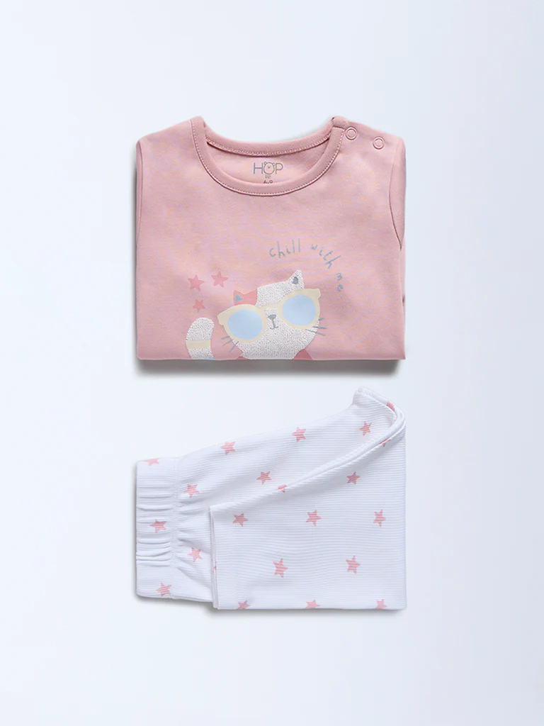 HOP Baby Girls Dusty Pink Cat Printed Cotton T-Shirt and Pants Set - Exclusive - Image 2