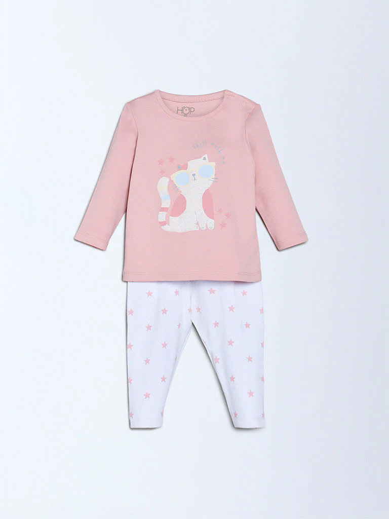 HOP Baby Girls Dusty Pink Cat Printed Cotton T-Shirt and Pants Set - Exclusive - Image 3