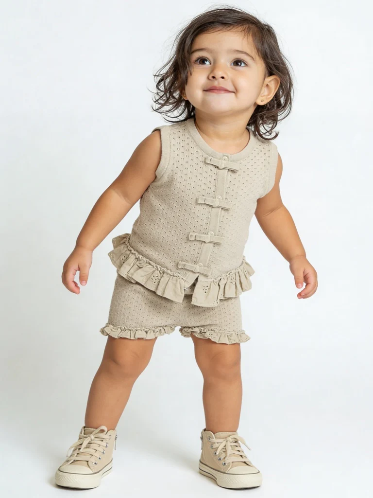 HOP Baby Girls Grey Textured Cotton Top with Shorts Set