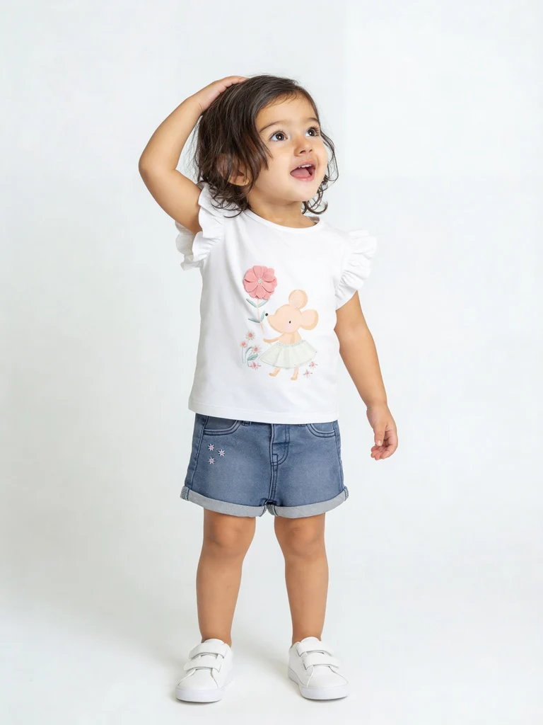HOP Baby Girls Light Blue Embroidered Denim Shorts