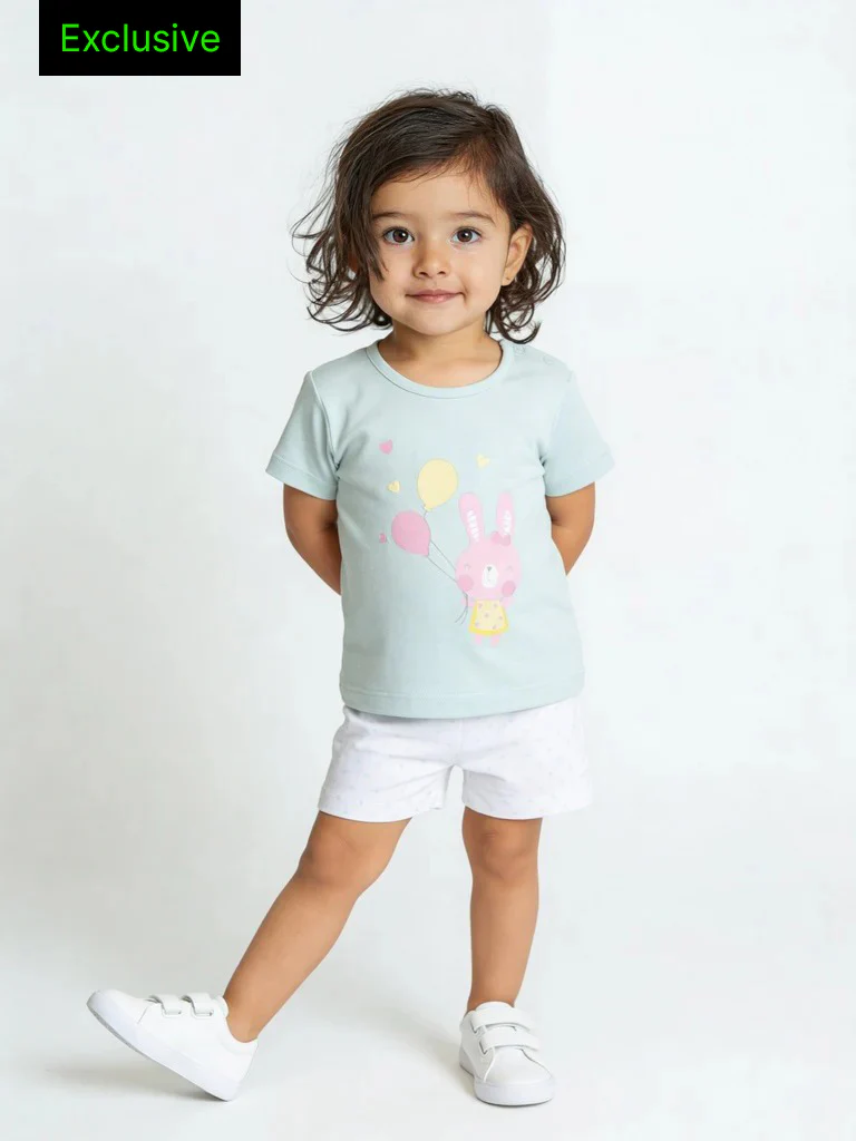 HOP Baby Girls Light Blue Printed Cotton T-Shirt and Shorts Set - Exclusive