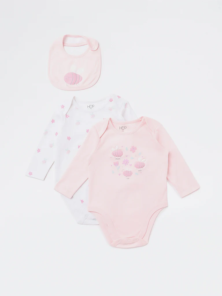 HOP Baby Girls Light Pink Bee Printed Cotton Romper and Bib Set - Image 2