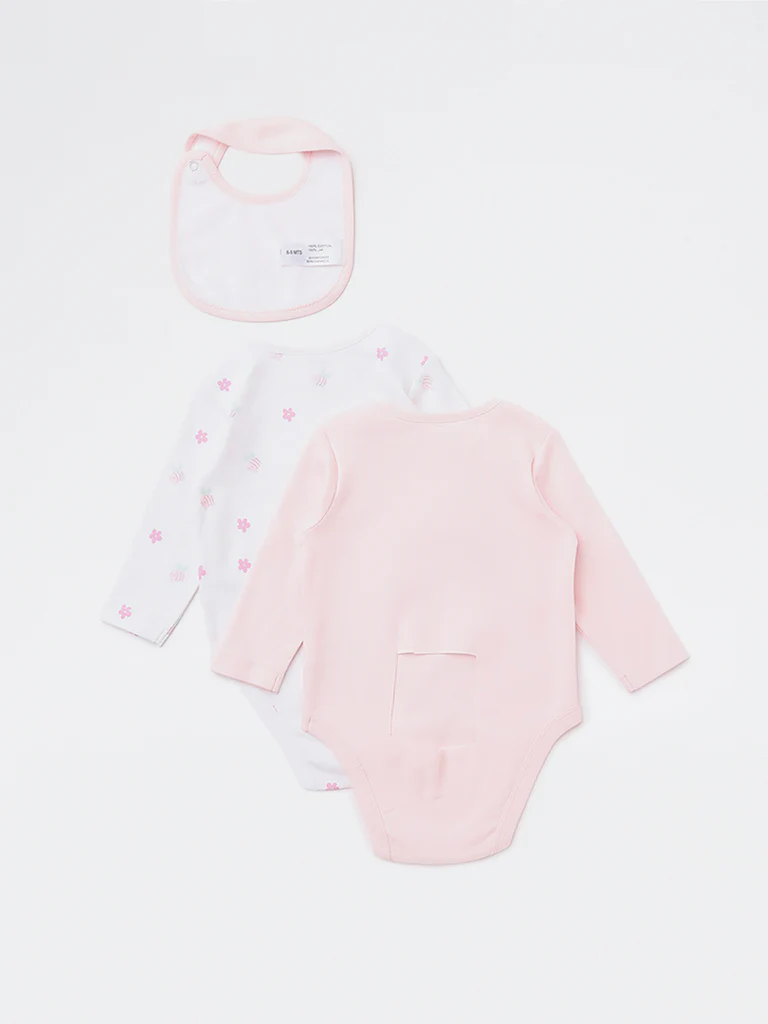 HOP Baby Girls Light Pink Bee Printed Cotton Romper and Bib Set - Image 3