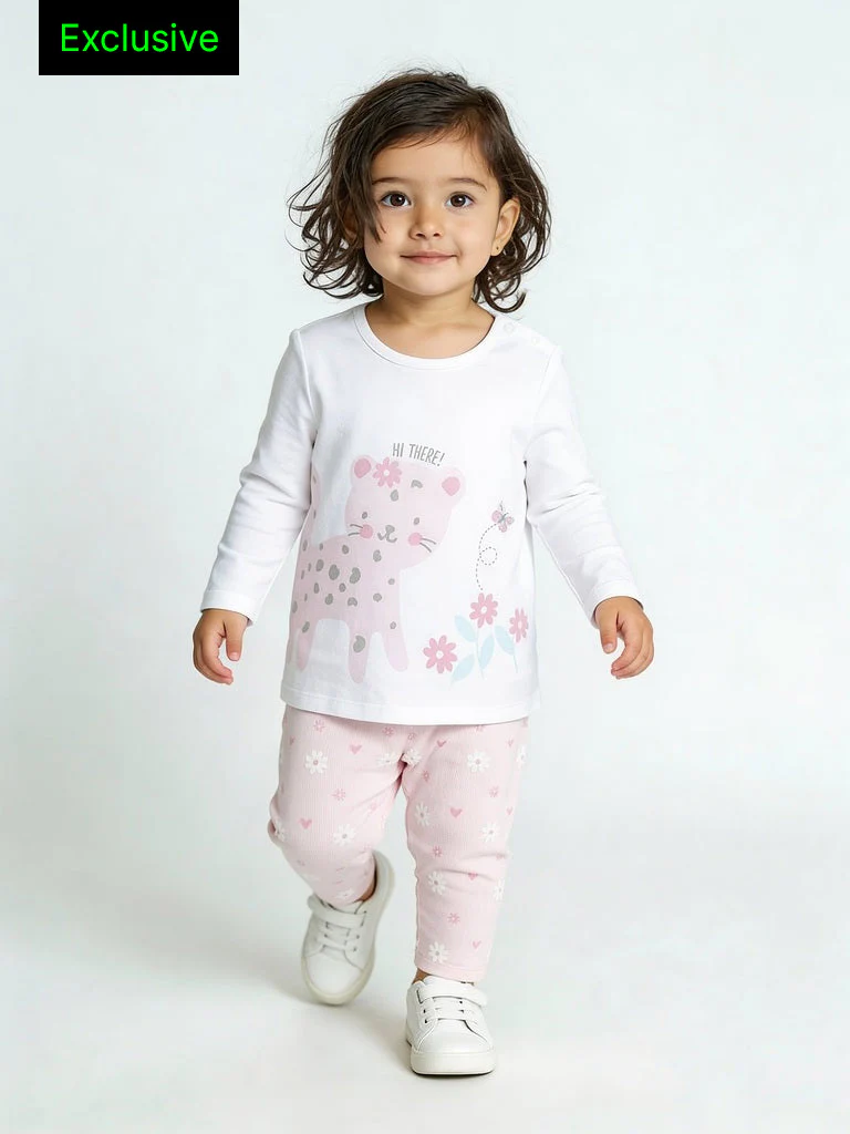 HOP Baby Girls Light Pink Cat Printed Cotton T-Shirt and Pants Set - Exclusive