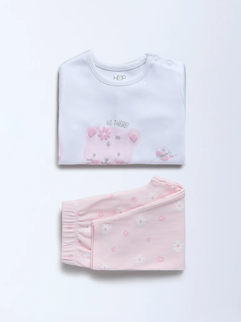 HOP Baby Girls Light Pink Cat Printed Cotton T-Shirt and Pants Set - Exclusive - Image 2